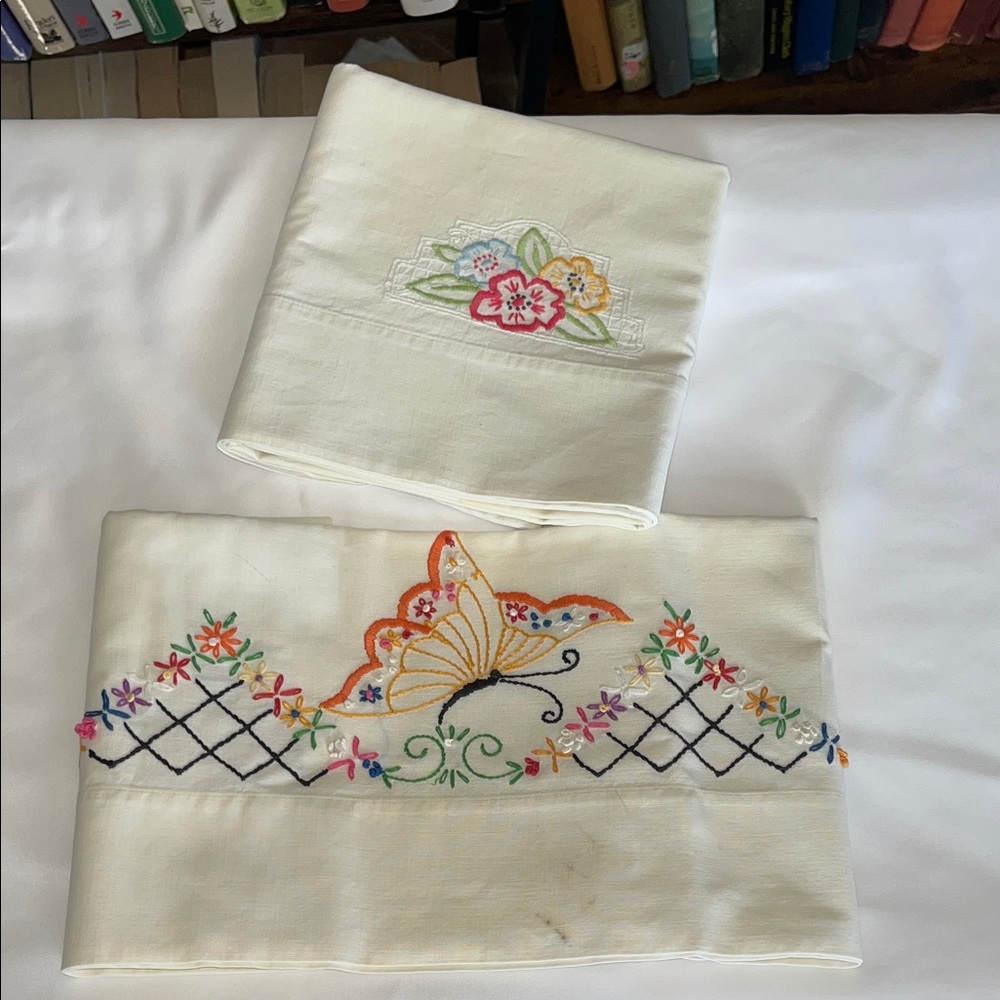 Pair of Embroidered Floral and Butterfly Pillowcases Standard Size